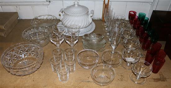 Collection of plain, coloured and cut table glassware and a white ceramic tureen, cover and stand